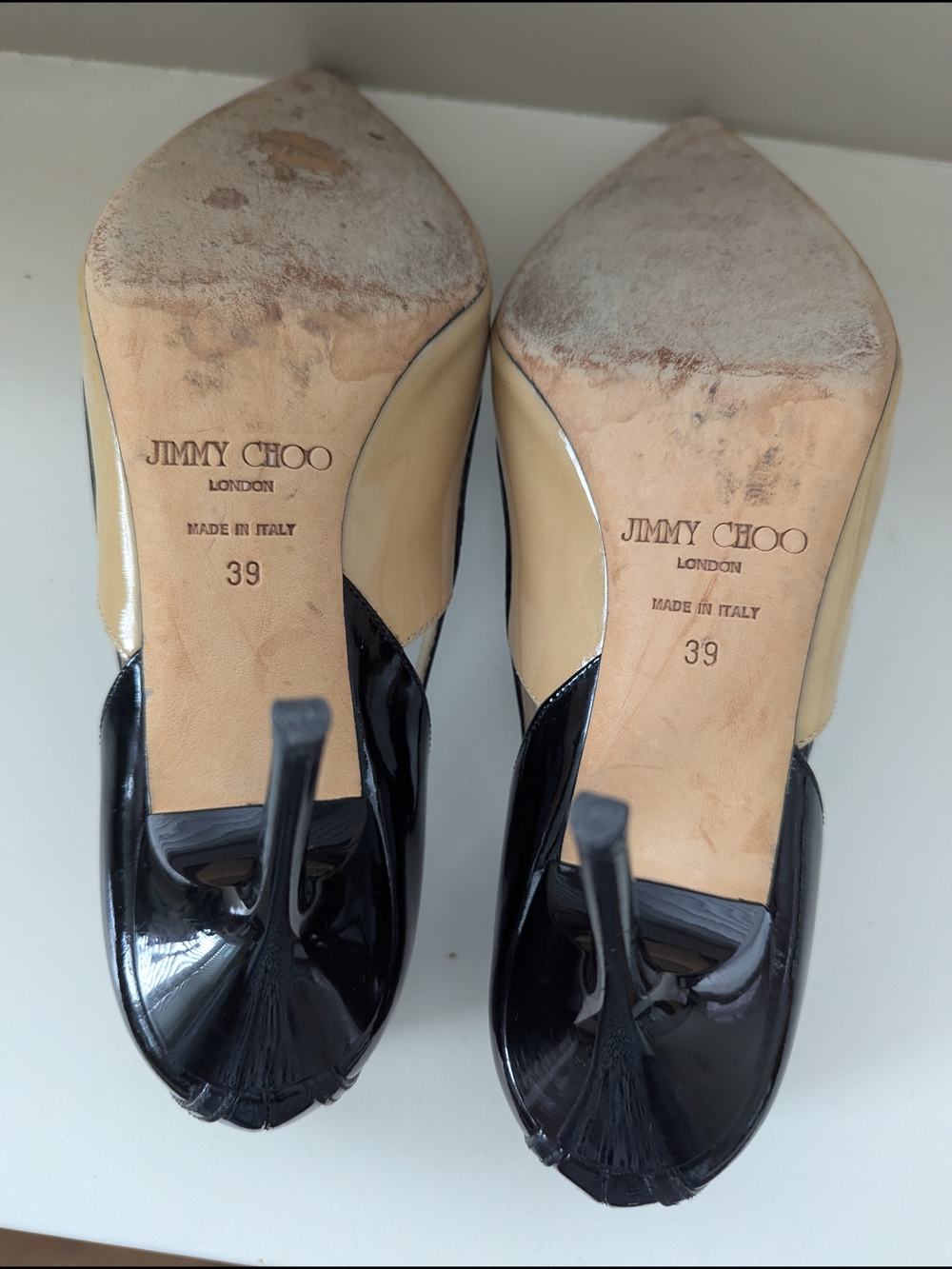 Jimmy Choo Black and Beige Patent Pointed-Toe Stiletto Pumps - Picture 4 of 5